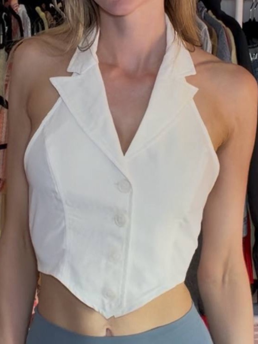 White Halter Collar Button-Front Crop Top